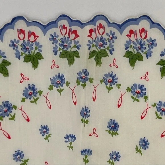 Vintage Floral Handkerchief Blue Flowers Cottagecore Decor Hanky 13” - Picture 5 of 7